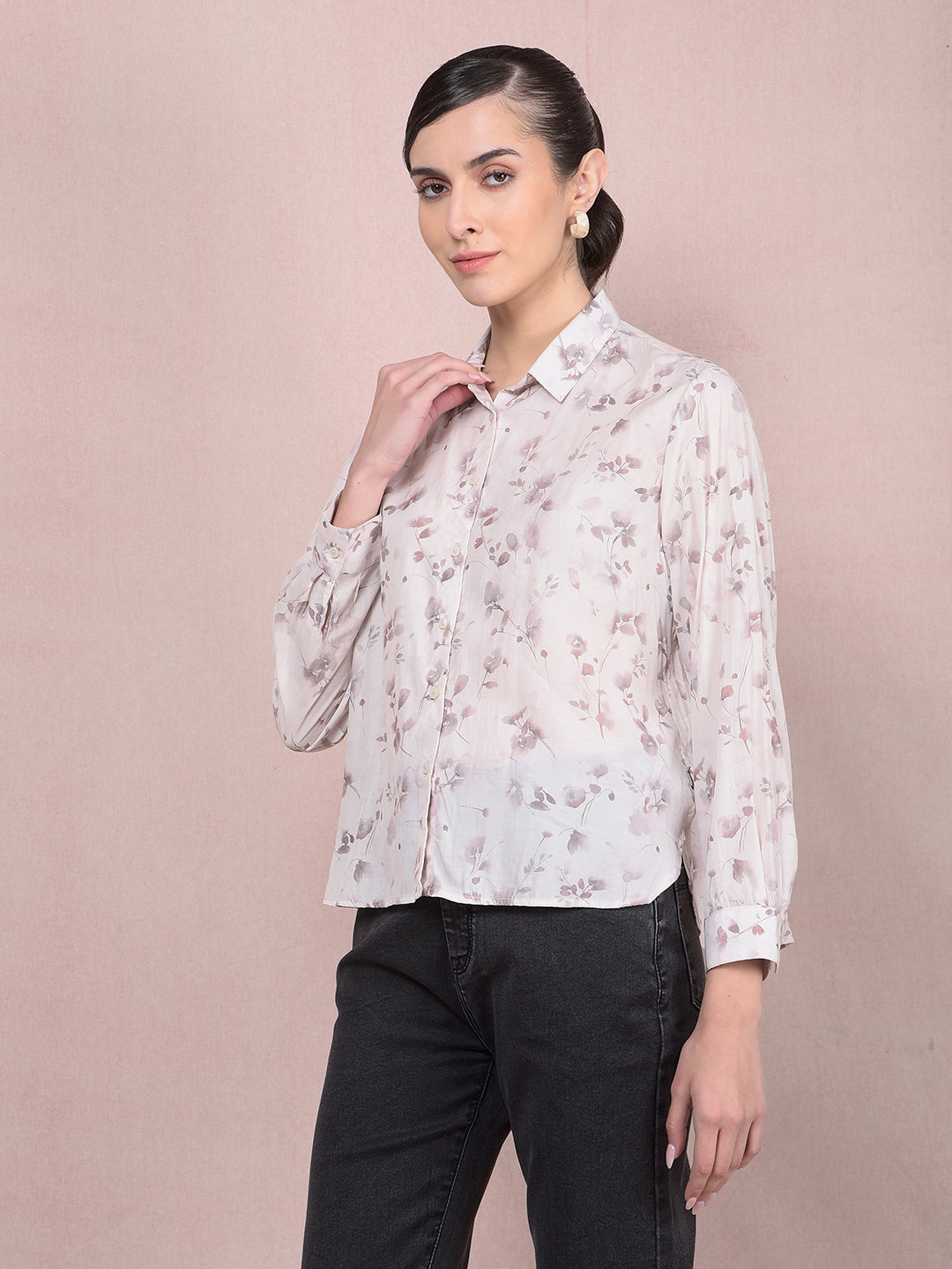 Purple Floral Print Shirt-Women Shirts-Crimsoune Club