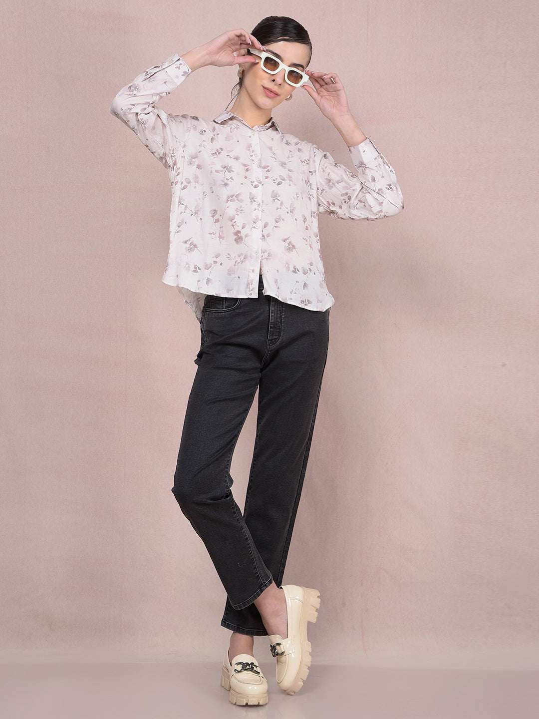 Purple Floral Print Shirt-Women Shirts-Crimsoune Club