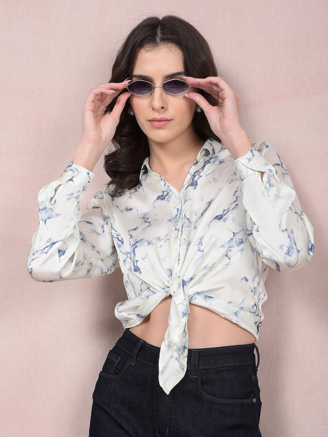 Blue Printed Shirt-Women Shirts-Crimsoune Club
