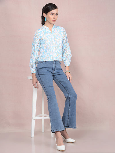 Blue Embroidered V-Neck 100% Cotton Semi-Sheer Shirt-Women Shirts-Crimsoune Club