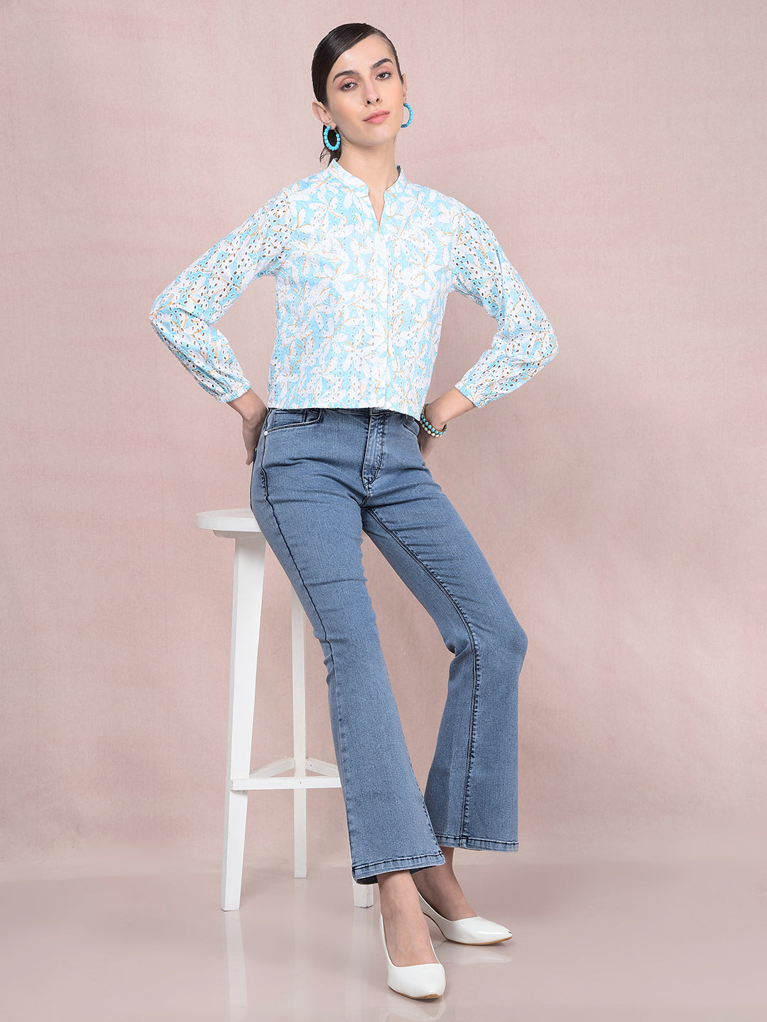 Blue Embroidered V-Neck 100% Cotton Semi-Sheer Shirt-Women Shirts-Crimsoune Club