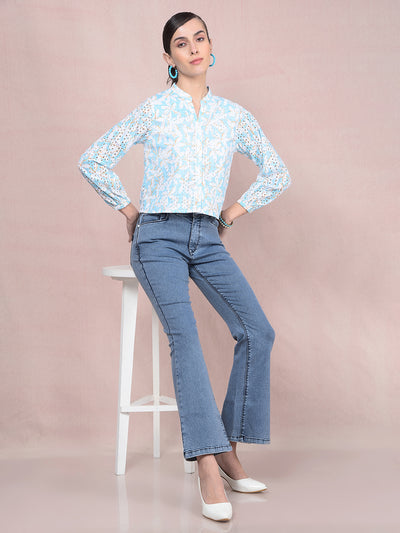 Blue Embroidered V-Neck 100% Cotton Semi-Sheer Shirt-Women Shirts-Crimsoune Club