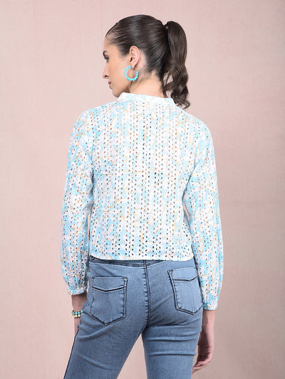 Blue Embroidered V-Neck 100% Cotton Semi-Sheer Shirt-Women Shirts-Crimsoune Club