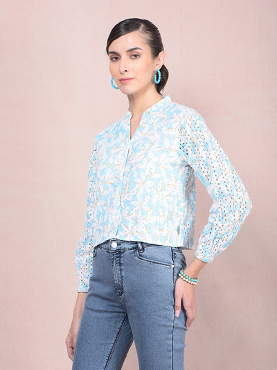 Blue Embroidered V-Neck 100% Cotton Semi-Sheer Shirt-Women Shirts-Crimsoune Club