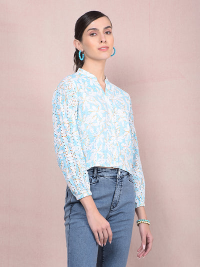 Blue Embroidered V-Neck 100% Cotton Semi-Sheer Shirt-Women Shirts-Crimsoune Club