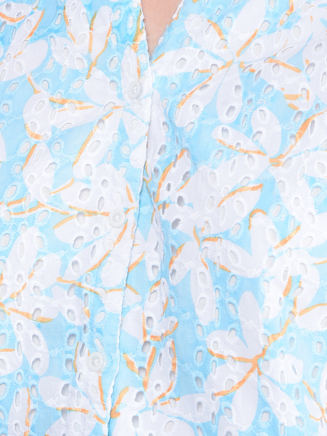 Blue Embroidered V-Neck 100% Cotton Semi-Sheer Shirt-Women Shirts-Crimsoune Club