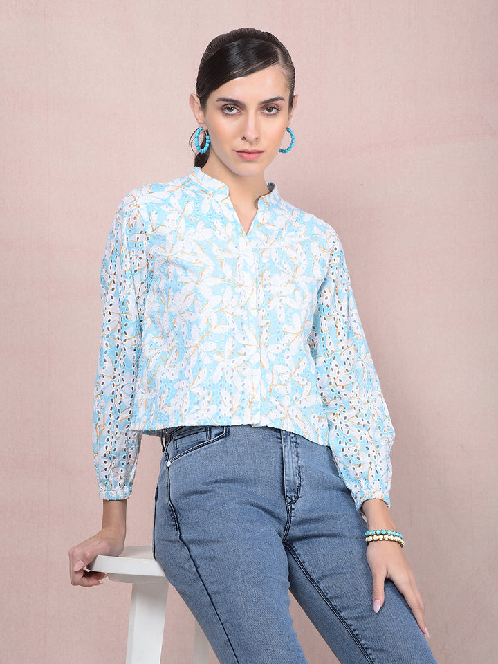 Blue Embroidered V-Neck 100% Cotton Semi-Sheer Shirt-Women Shirts-Crimsoune Club