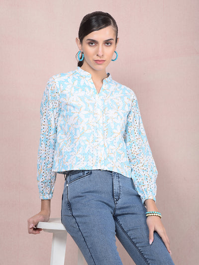 Blue Embroidered V-Neck 100% Cotton Semi-Sheer Shirt-Women Shirts-Crimsoune Club