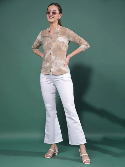 Beige Embroidered Linen V-Neck Shirt-Women Shirts-Crimsoune Club