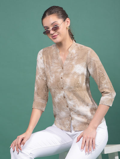 Beige Embroidered Linen V-Neck Shirt-Women Shirts-Crimsoune Club