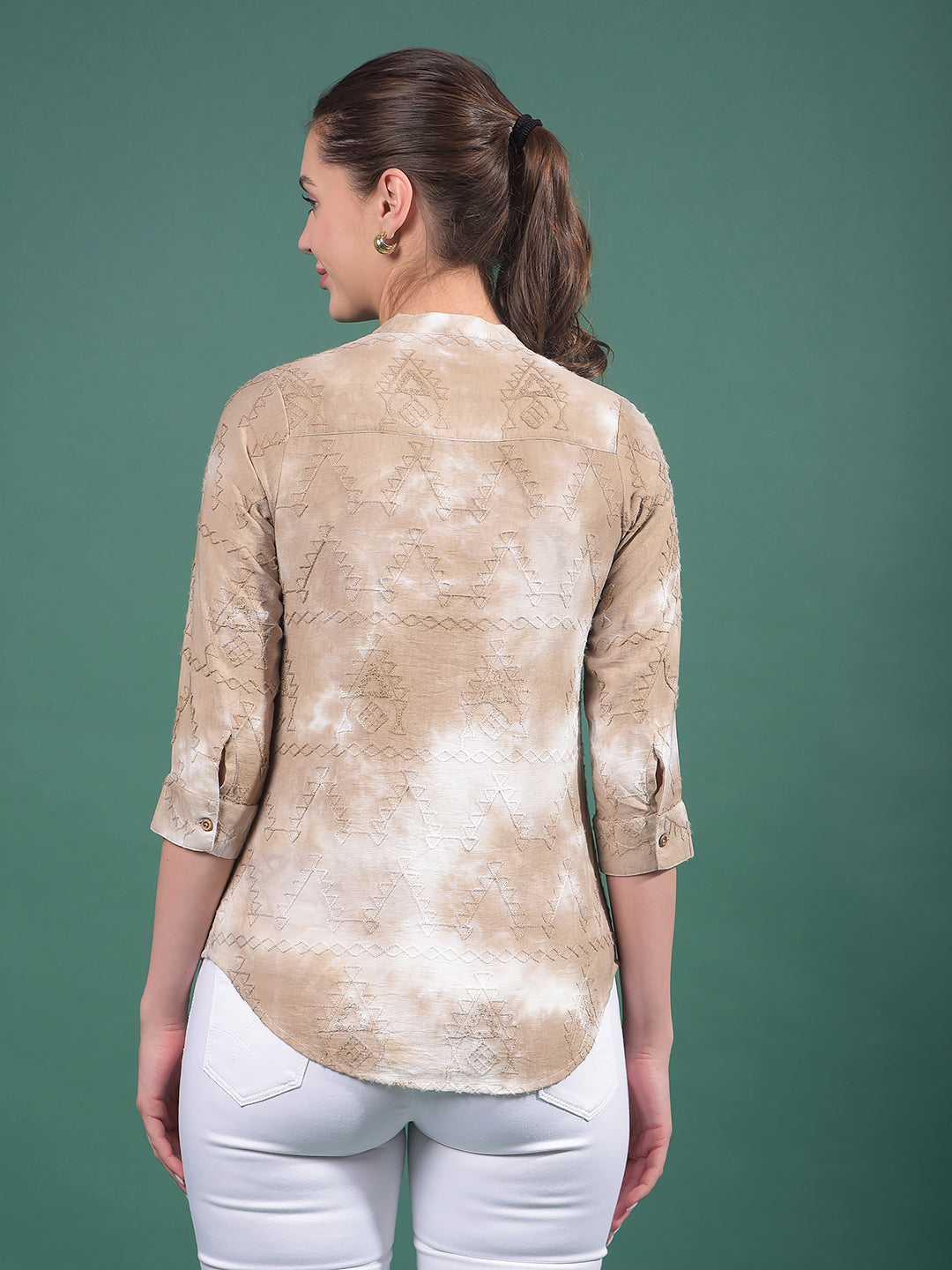 Beige Embroidered Linen V-Neck Shirt-Women Shirts-Crimsoune Club