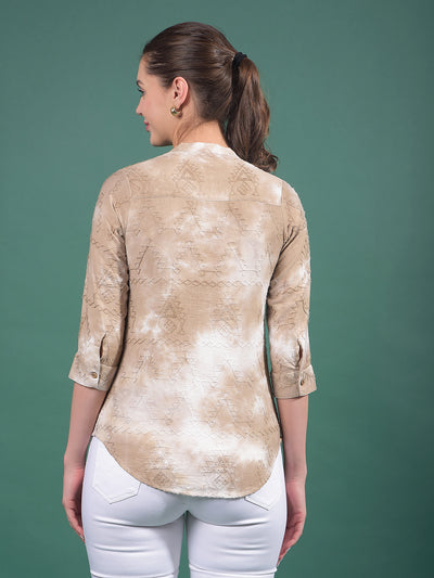 Beige Embroidered Linen V-Neck Shirt-Women Shirts-Crimsoune Club