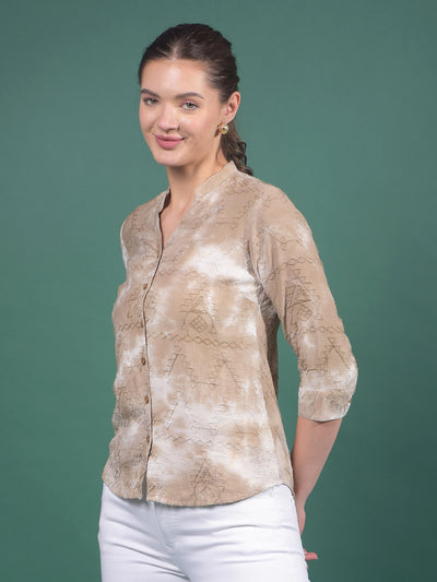 Beige Embroidered Linen V-Neck Shirt-Women Shirts-Crimsoune Club
