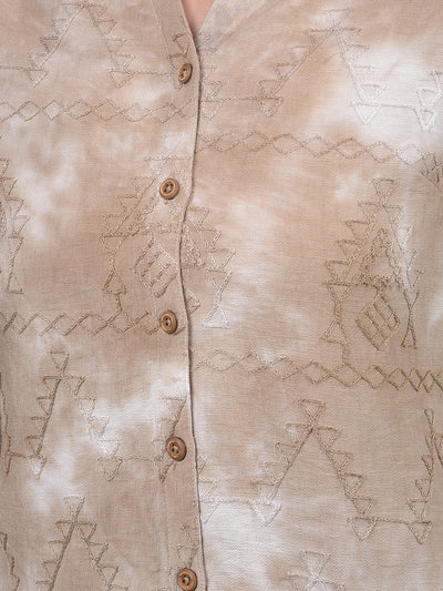 Beige Embroidered Linen V-Neck Shirt-Women Shirts-Crimsoune Club