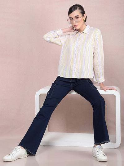 Multi-Color Vertical Stripes Linen Shirt-Women Shirts-Crimsoune Club