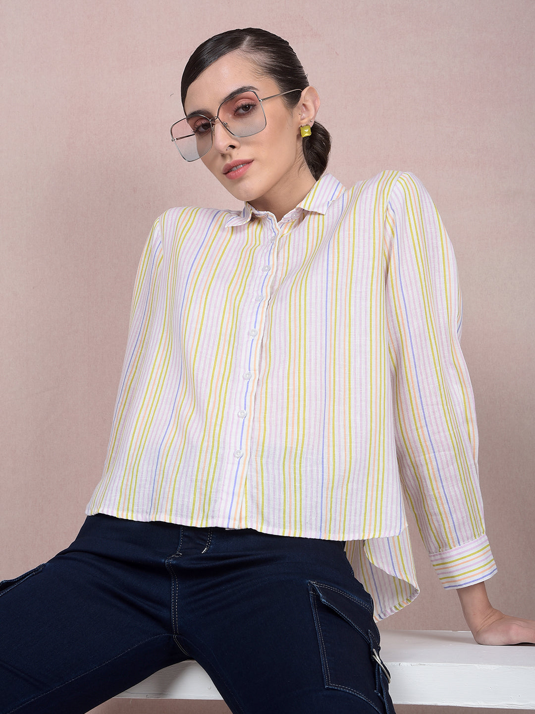 Multi-Color Vertical Stripes Linen Shirt-Women Shirts-Crimsoune Club