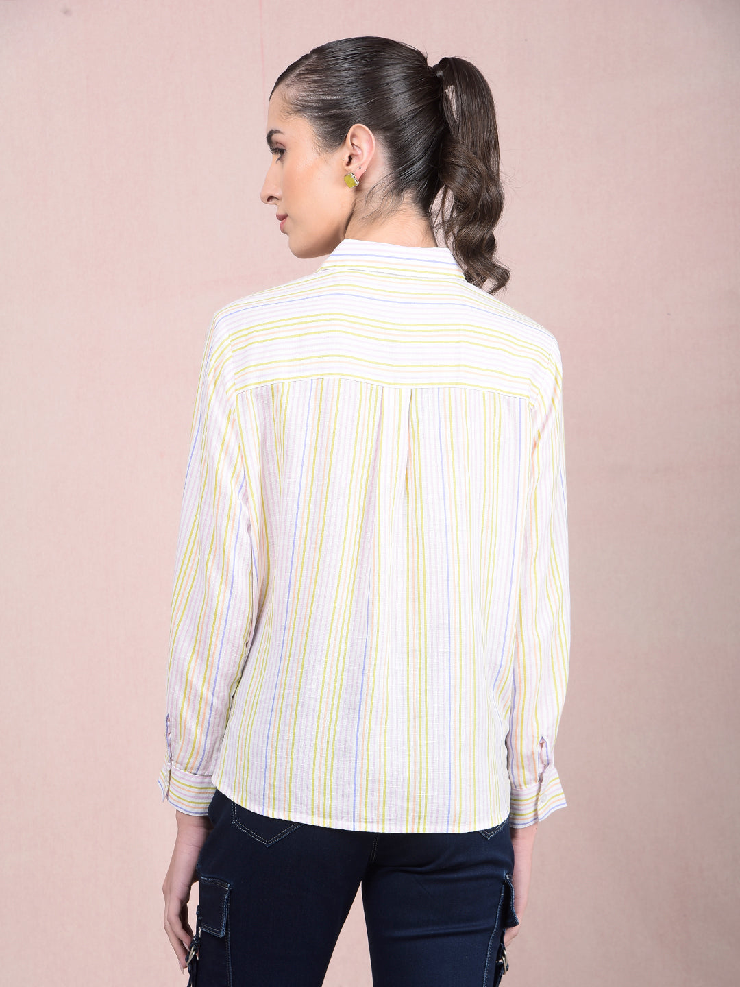 Multi-Color Vertical Stripes Linen Shirt-Women Shirts-Crimsoune Club