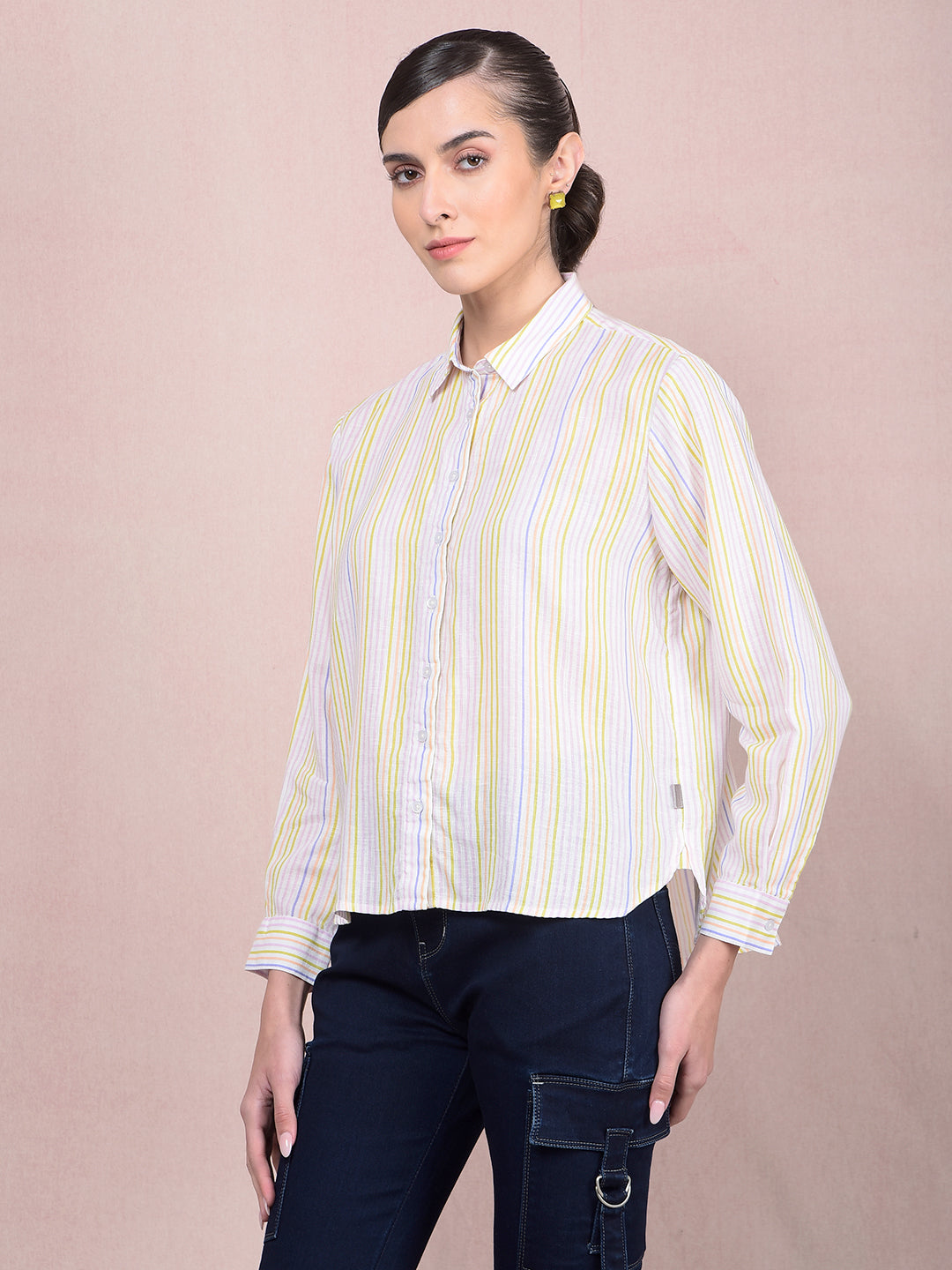 Multi-Color Vertical Stripes Linen Shirt-Women Shirts-Crimsoune Club