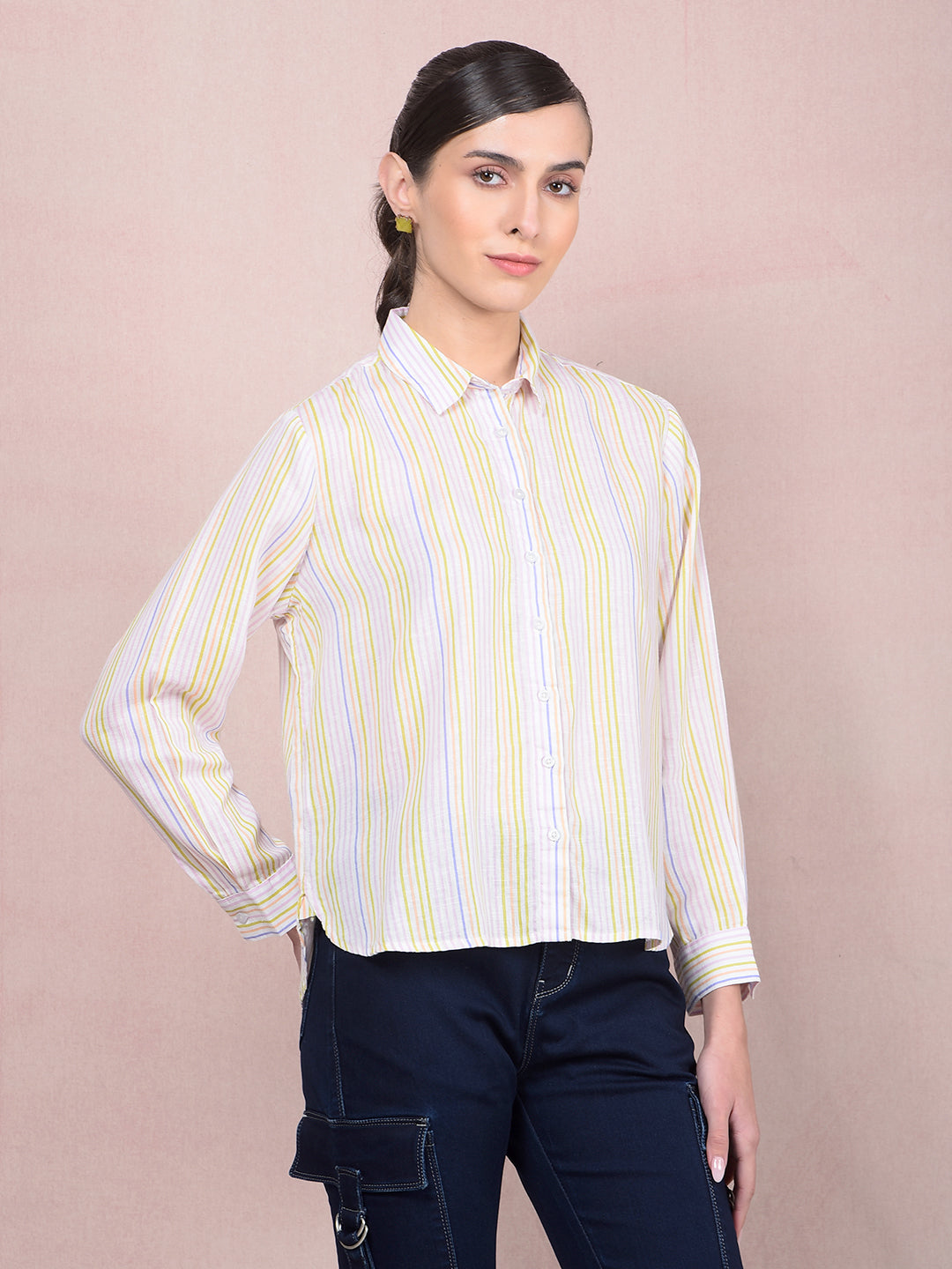 Multi-Color Vertical Stripes Linen Shirt-Women Shirts-Crimsoune Club