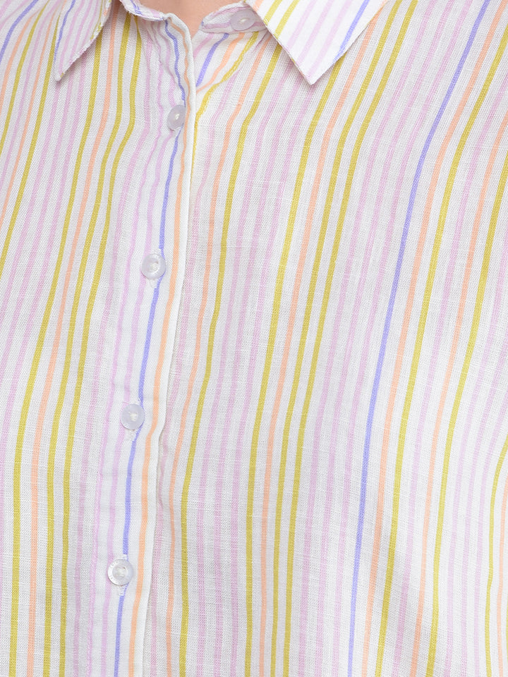 Multi-Color Vertical Stripes Linen Shirt-Women Shirts-Crimsoune Club