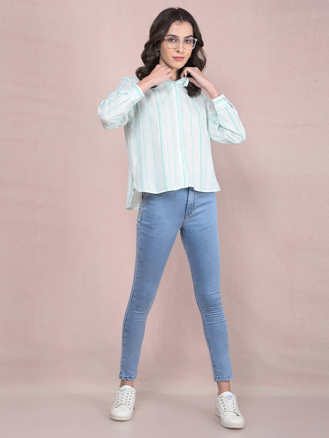 Blue Vertical Stripes Linen Shirt-Women Shirts-Crimsoune Club