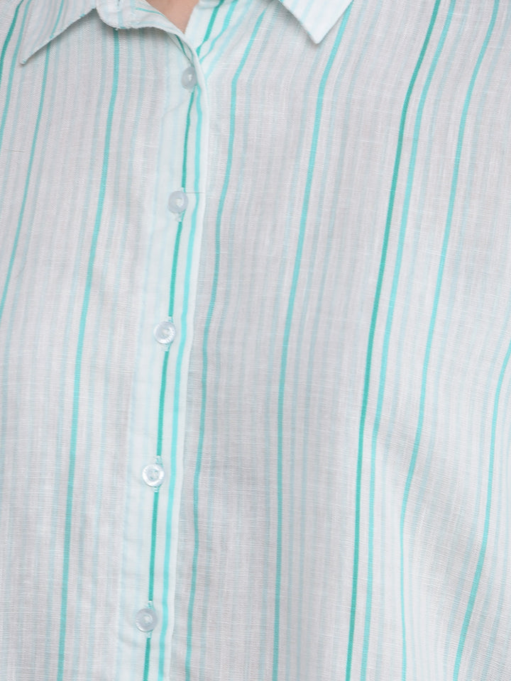 Blue Vertical Stripes Linen Shirt-Women Shirts-Crimsoune Club