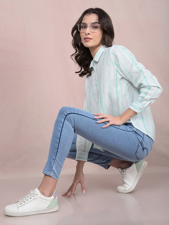 Blue Vertical Stripes Linen Shirt-Women Shirts-Crimsoune Club