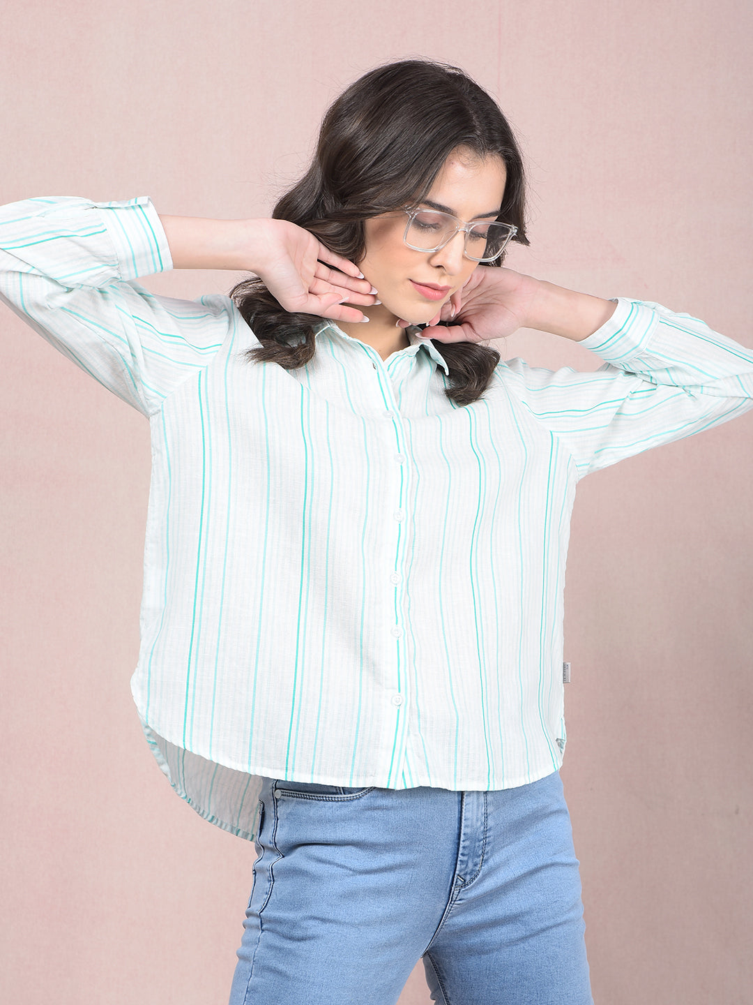Blue Vertical Stripes Linen Shirt-Women Shirts-Crimsoune Club