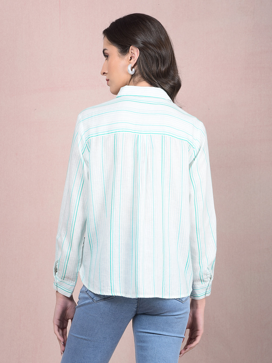 Blue Vertical Stripes Linen Shirt-Women Shirts-Crimsoune Club