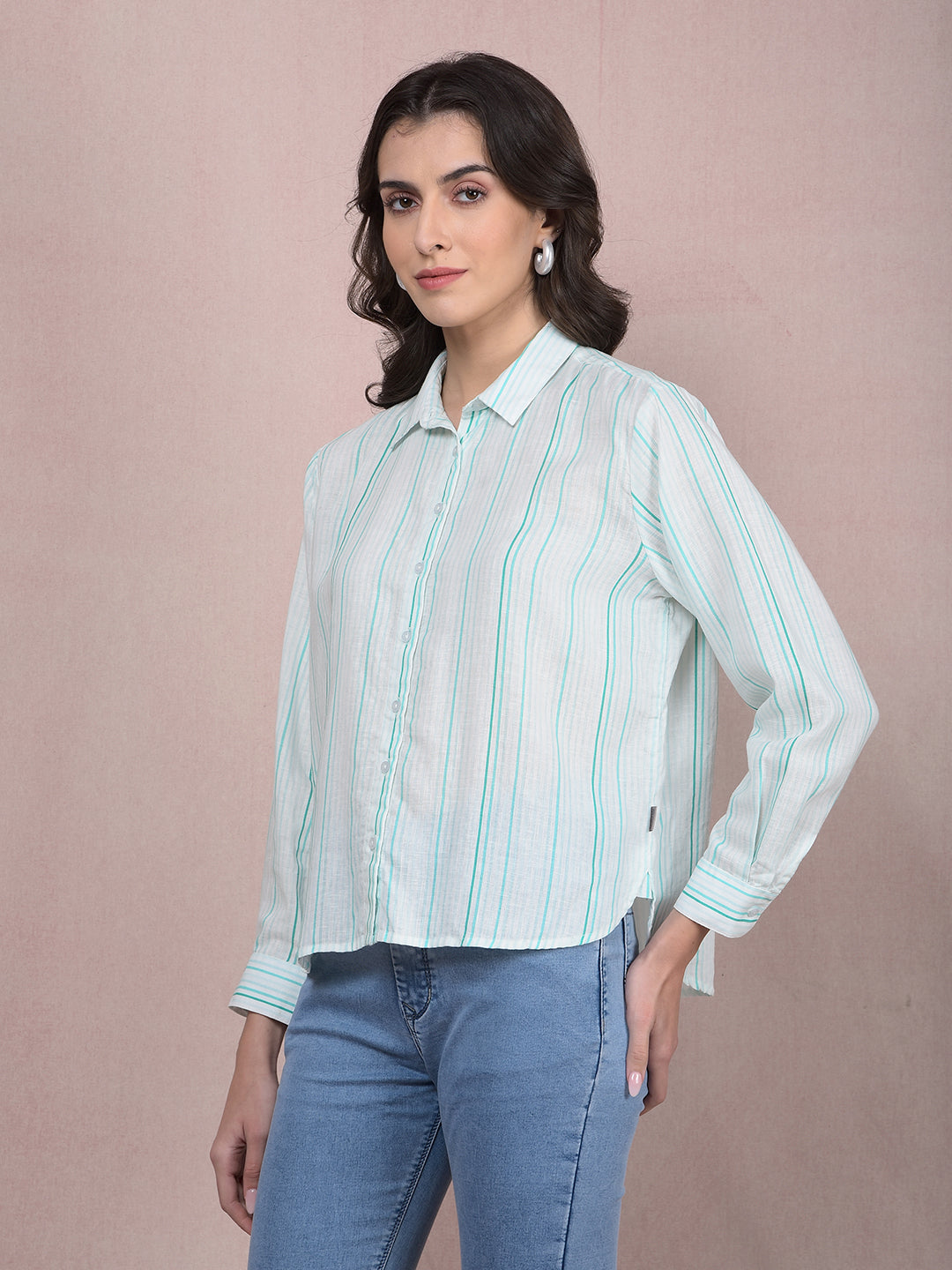 Blue Vertical Stripes Linen Shirt-Women Shirts-Crimsoune Club