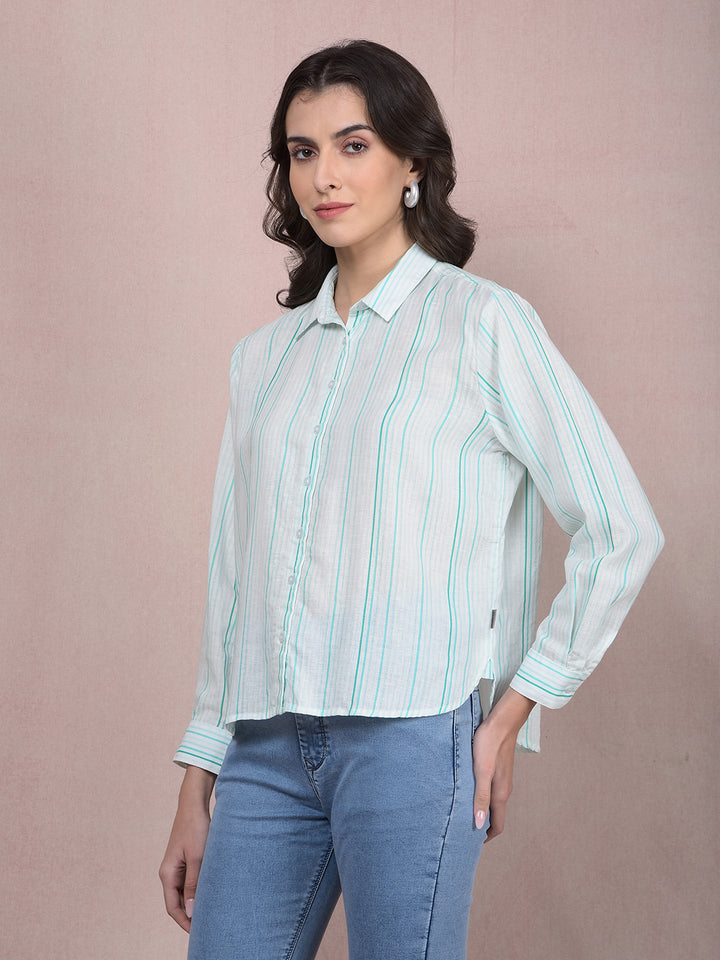 Blue Vertical Stripes Linen Shirt-Women Shirts-Crimsoune Club