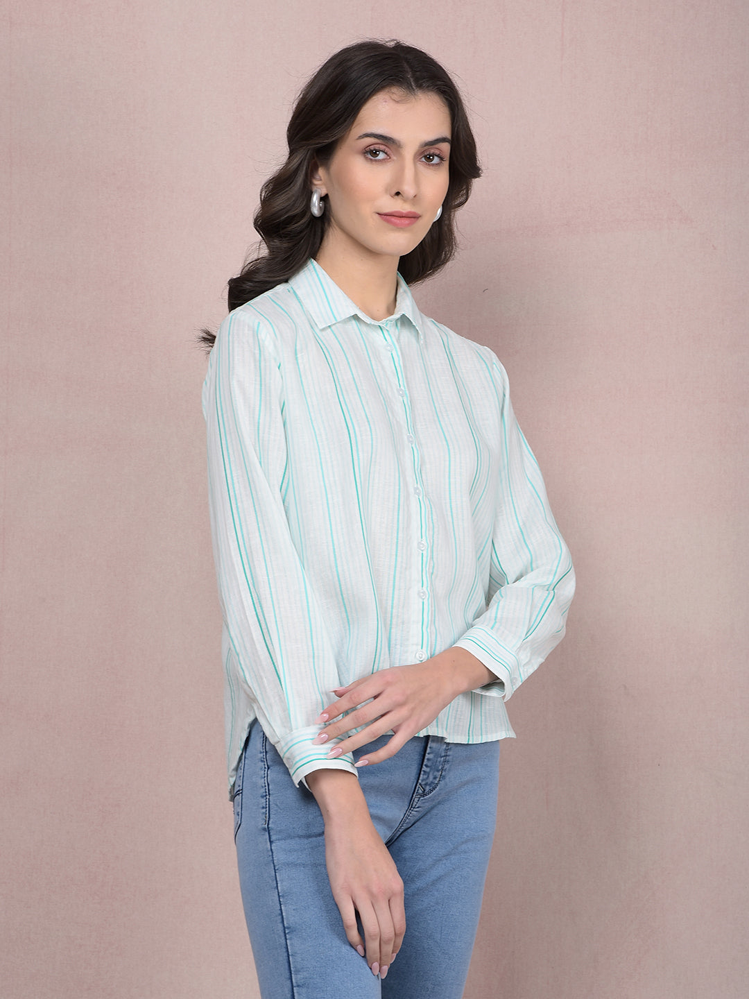 Blue Vertical Stripes Linen Shirt-Women Shirts-Crimsoune Club