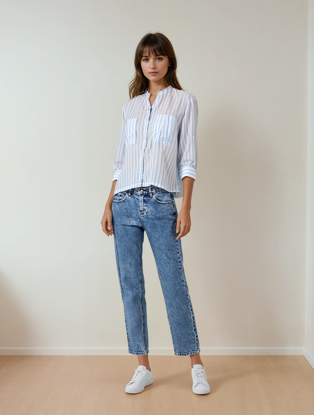 Blue Vertical Stripes V-Neck Shirt-Women Shirts-Crimsoune Club