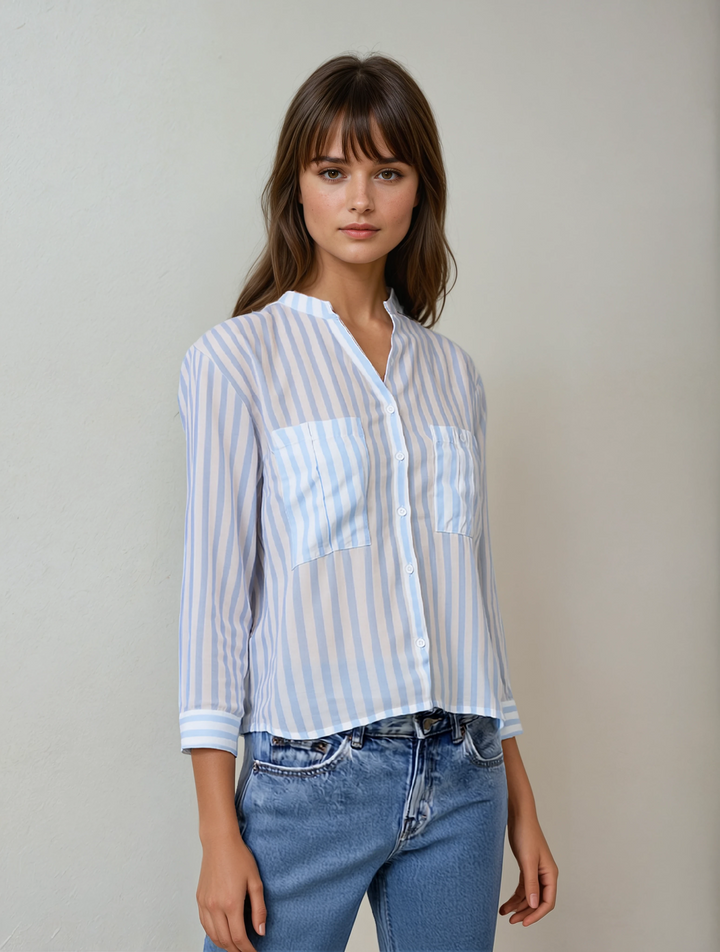 Blue Vertical Stripes V-Neck Shirt-Women Shirts-Crimsoune Club
