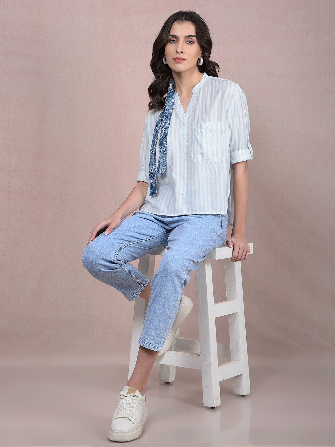 Blue Vertical Stripes V-Neck Shirt-Women Shirts-Crimsoune Club