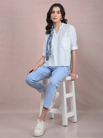 Blue Vertical Stripes V-Neck Shirt-Women Shirts-Crimsoune Club