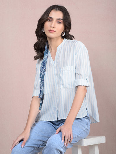 Blue Vertical Stripes V-Neck Shirt-Women Shirts-Crimsoune Club