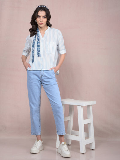 Blue Vertical Stripes V-Neck Shirt-Women Shirts-Crimsoune Club