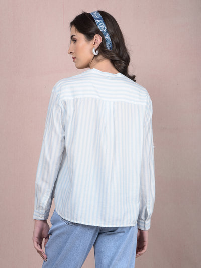 Blue Vertical Stripes V-Neck Shirt-Women Shirts-Crimsoune Club
