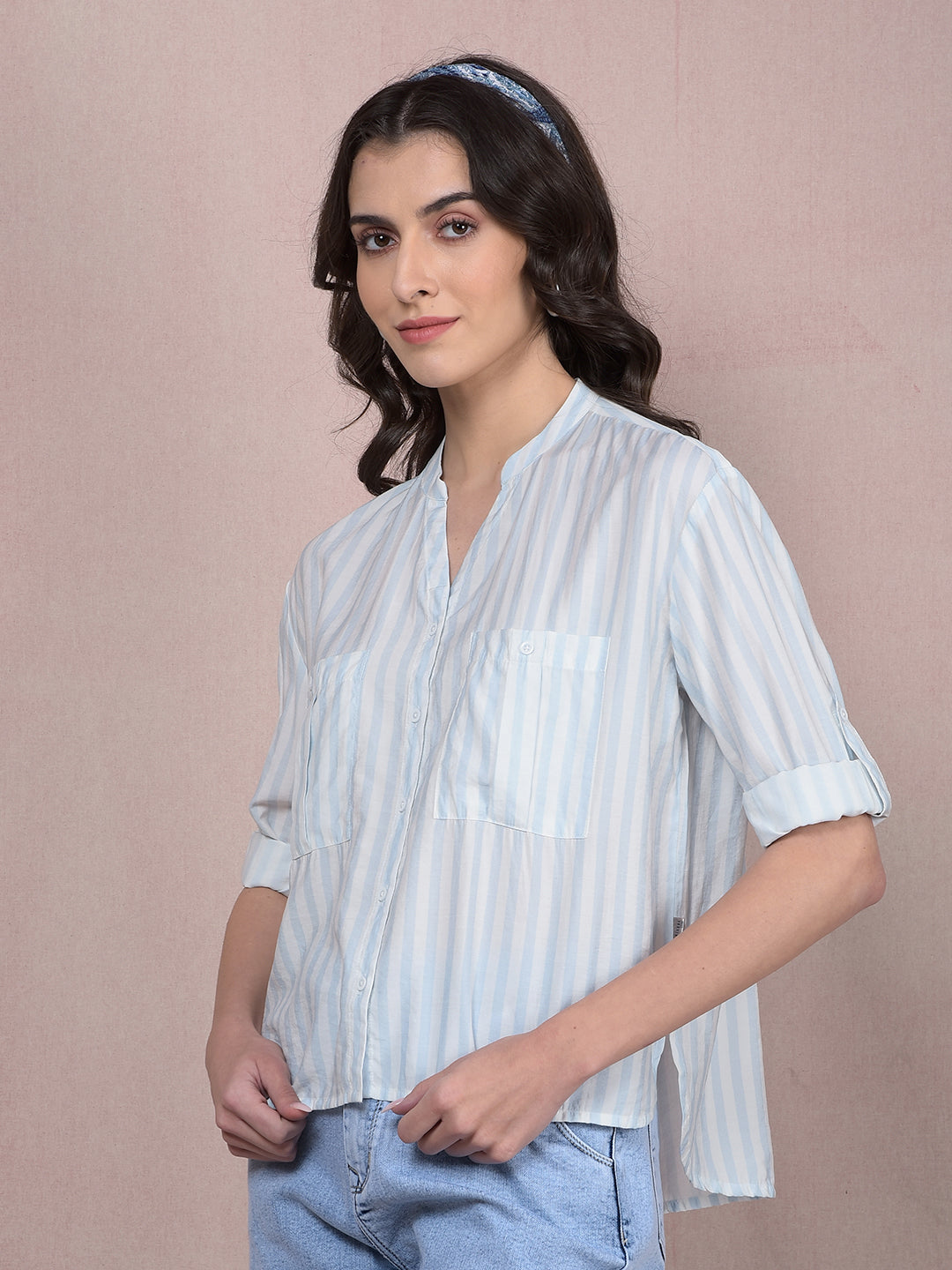 Blue Vertical Stripes V-Neck Shirt-Women Shirts-Crimsoune Club