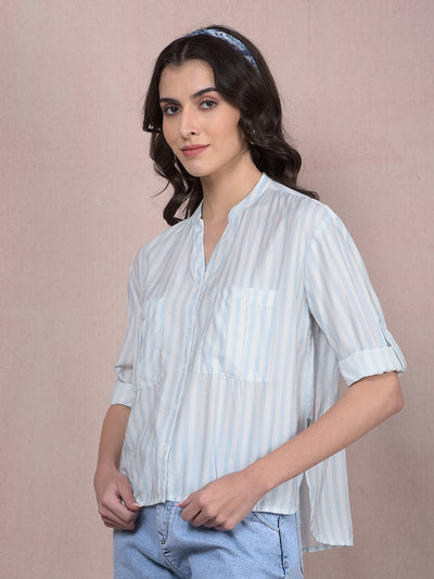 Blue Vertical Stripes V-Neck Shirt-Women Shirts-Crimsoune Club