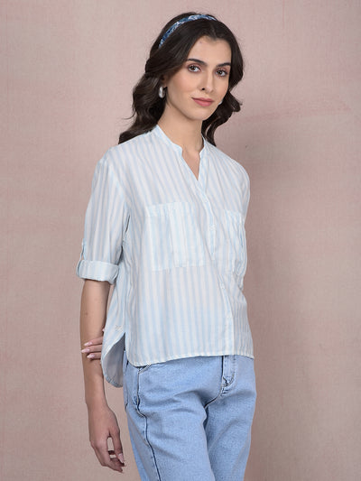 Blue Vertical Stripes V-Neck Shirt-Women Shirts-Crimsoune Club