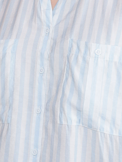 Blue Vertical Stripes V-Neck Shirt-Women Shirts-Crimsoune Club