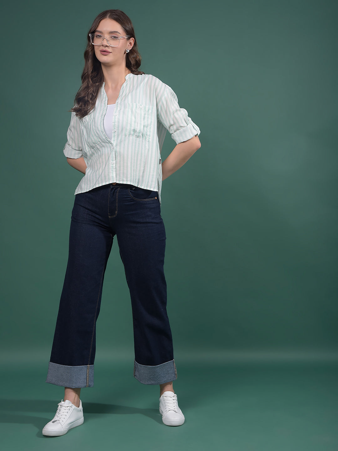 Green Vertical Stripes V-Neck Shirt-Women Shirts-Crimsoune Club