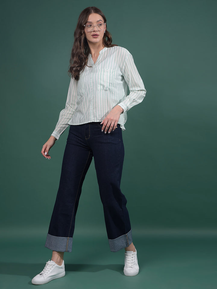 Green Vertical Stripes V-Neck Shirt-Women Shirts-Crimsoune Club