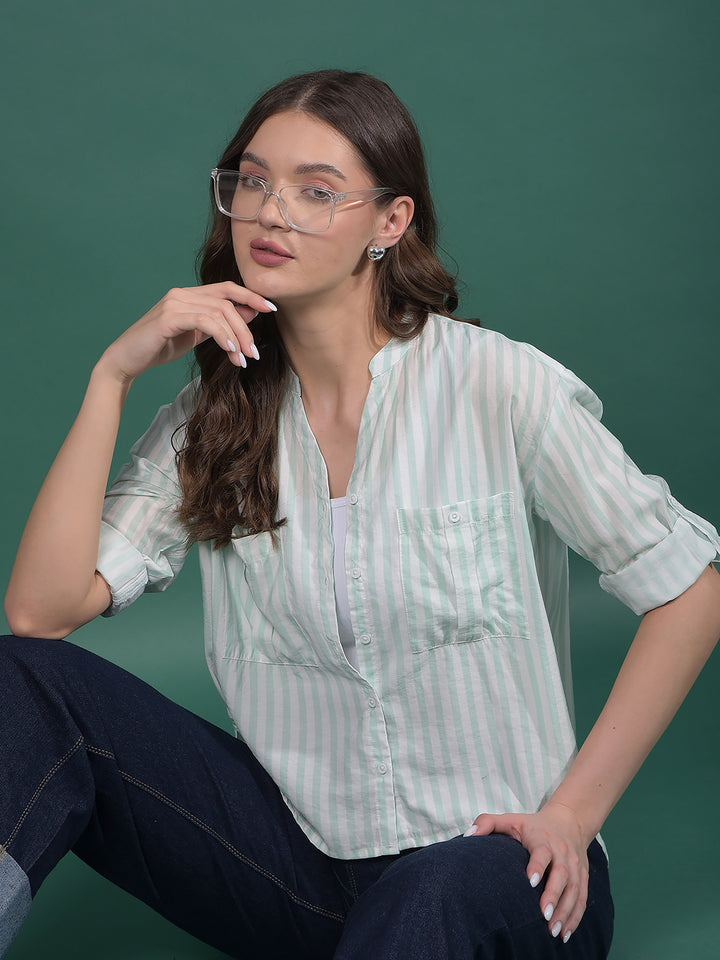 Green Vertical Stripes V-Neck Shirt-Women Shirts-Crimsoune Club