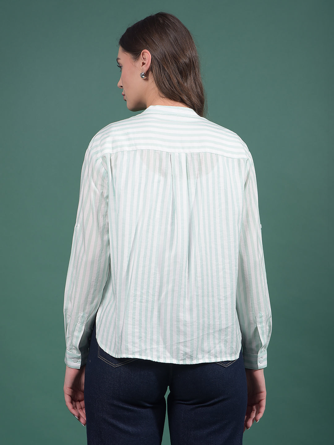 Green Vertical Stripes V-Neck Shirt-Women Shirts-Crimsoune Club