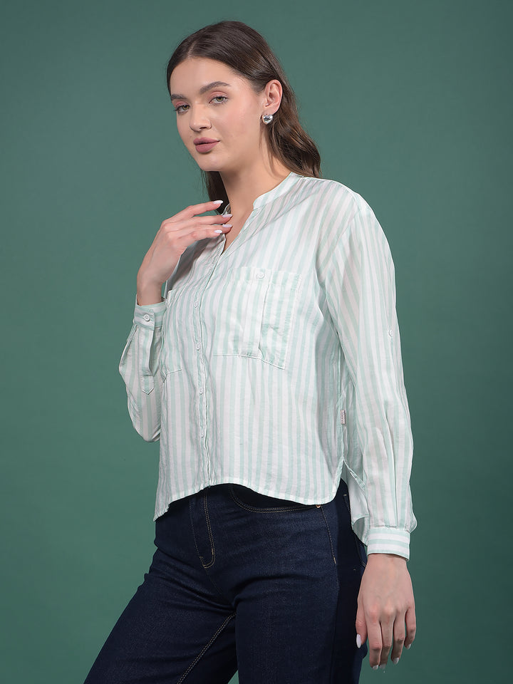 Green Vertical Stripes V-Neck Shirt-Women Shirts-Crimsoune Club