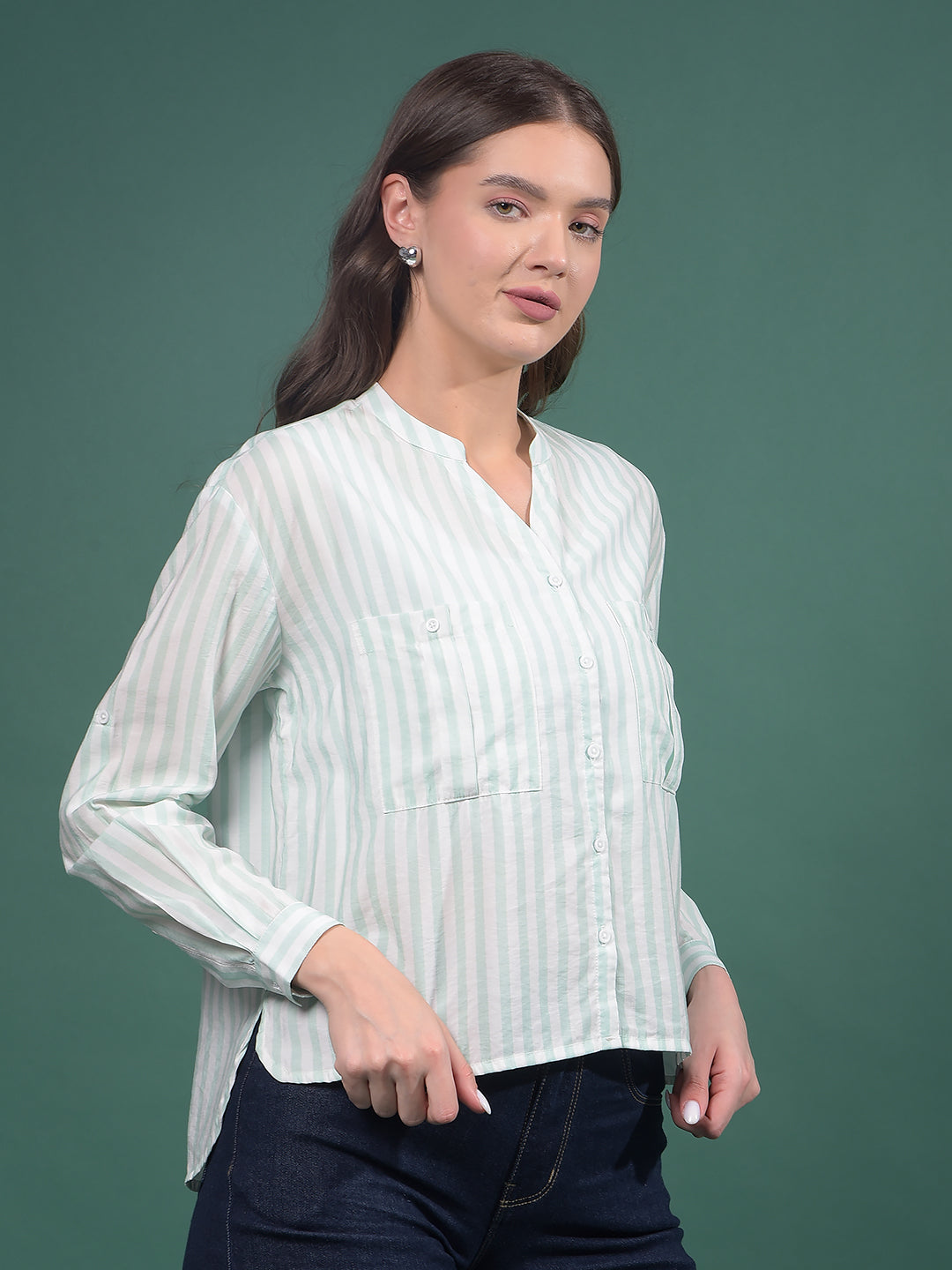 Green Vertical Stripes V-Neck Shirt-Women Shirts-Crimsoune Club