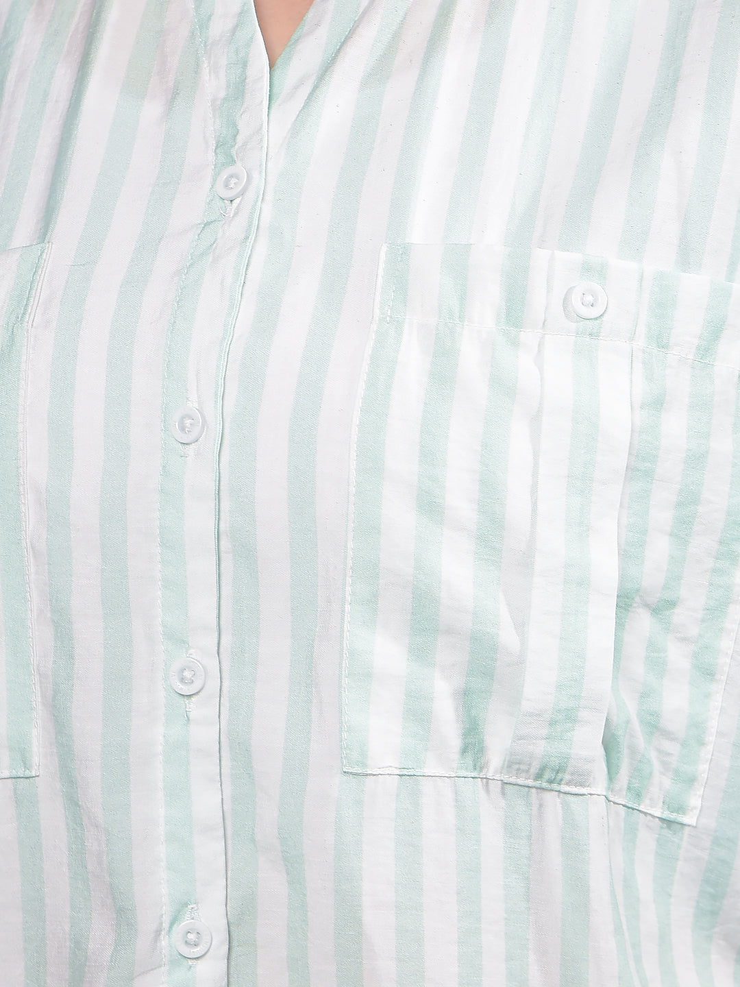 Green Vertical Stripes V-Neck Shirt-Women Shirts-Crimsoune Club